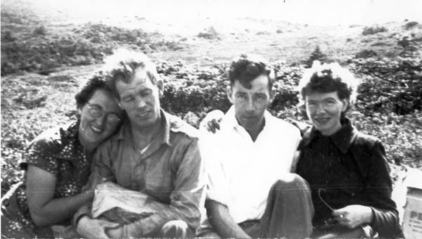 065: l-r Teresa Ryan, her husband Pat Mulrooney, Julian Edwards, Mary Ryan.  (1953) [courtesy of Anne (Ryan) Grant]  - Teresa daughter of Joseph Ryan &amp;amp; Ursula Barry; Pat son of Bernard Mulrooney &amp;amp; Johanna  Webber; Mary daughter of Albert Ryan &amp;amp; Catherine Nolan; Julian married Loretta Ryan.